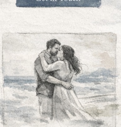 Illustrated romantic couple embracing on the shoreline