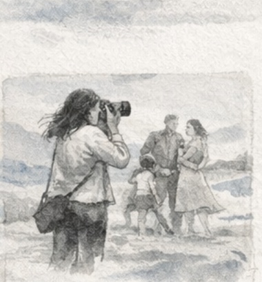 Illustrated family memory beach scene