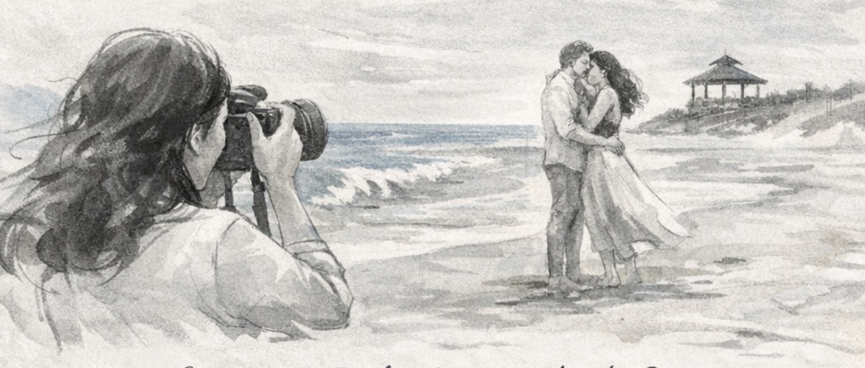 Sara photographing a couple on the beach in a watercolor charcoal style illustration