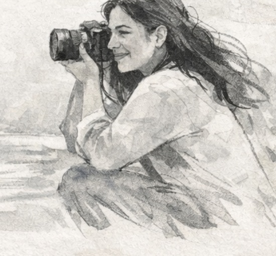 Sara Pollmann illustrated in charcoal watercolor style while taking pictures at the beach