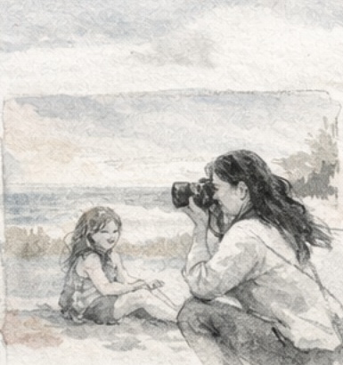Illustrated beach photography session with Sara and a child near the water